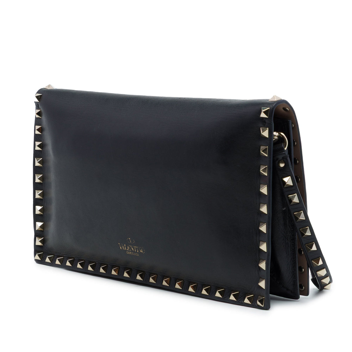 Valentino Leather Rockstud Flap Clutch — Black