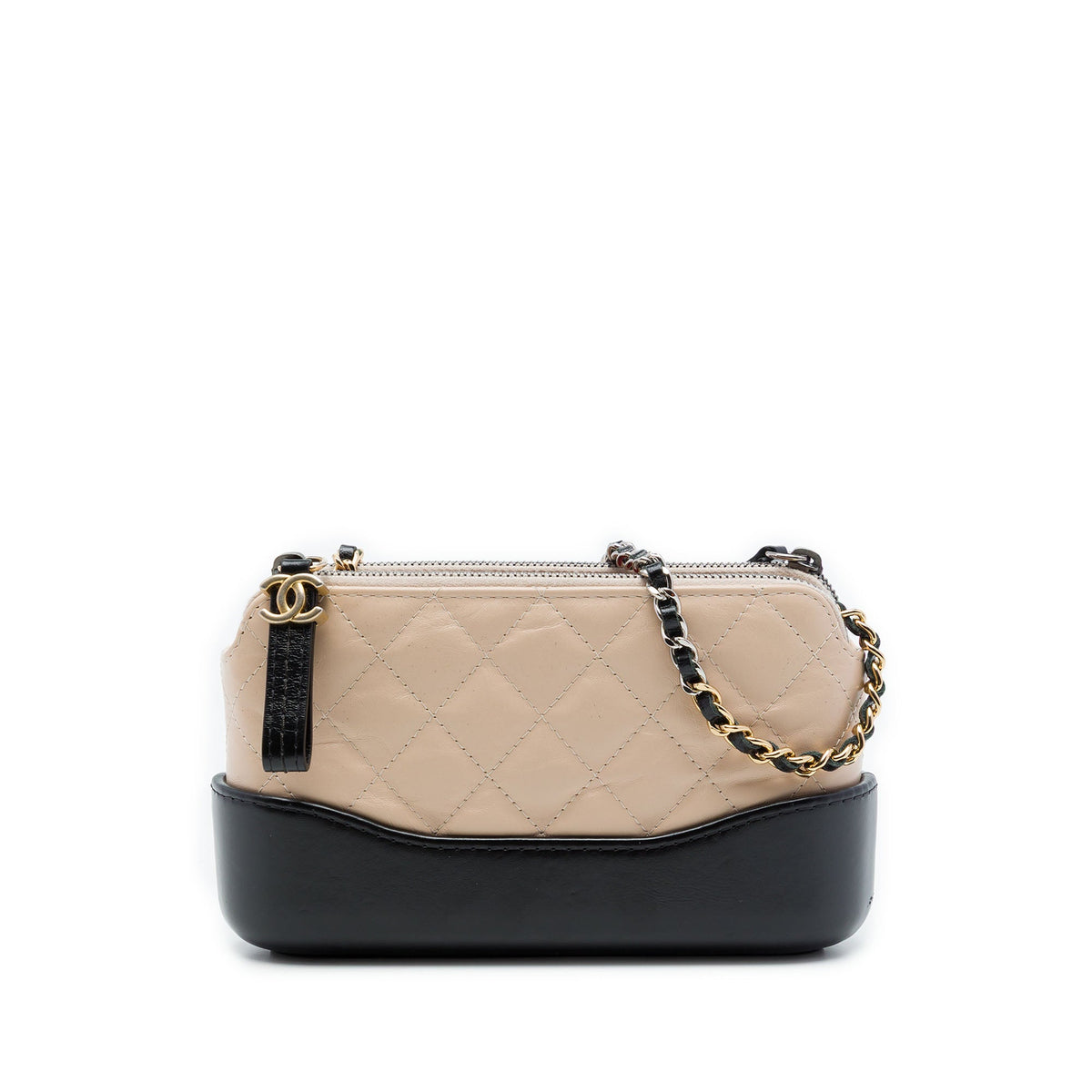 Chanel Bicolor Aged Calfskin Gabrielle Double Zip Clutch with Chain — Beige