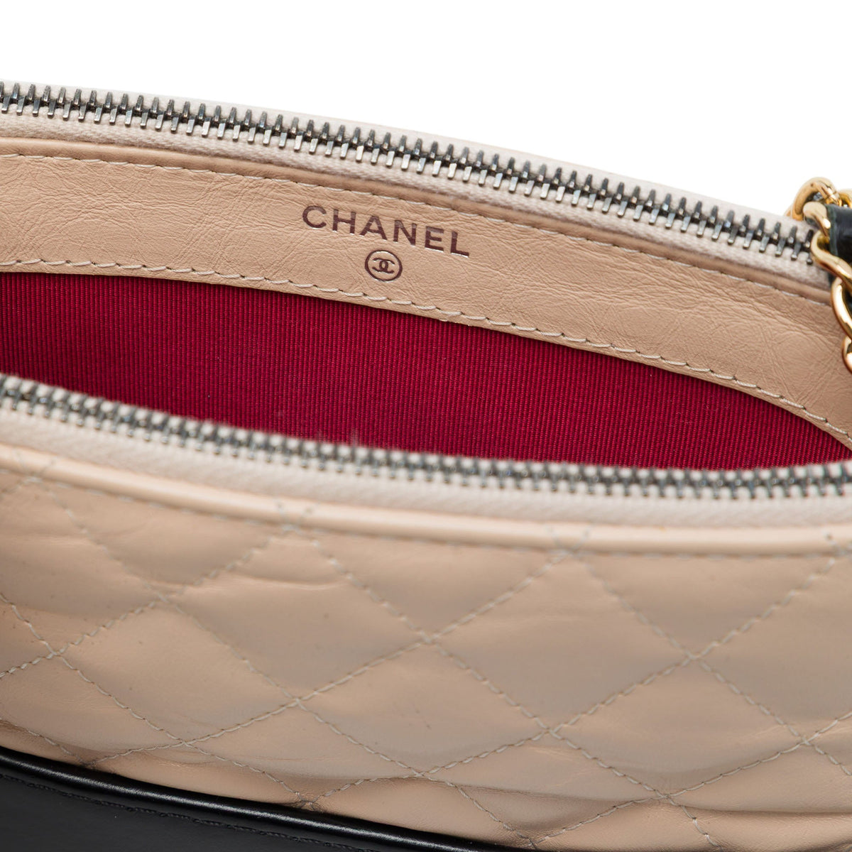 Chanel Bicolor Aged Calfskin Gabrielle Double Zip Clutch with Chain — Beige