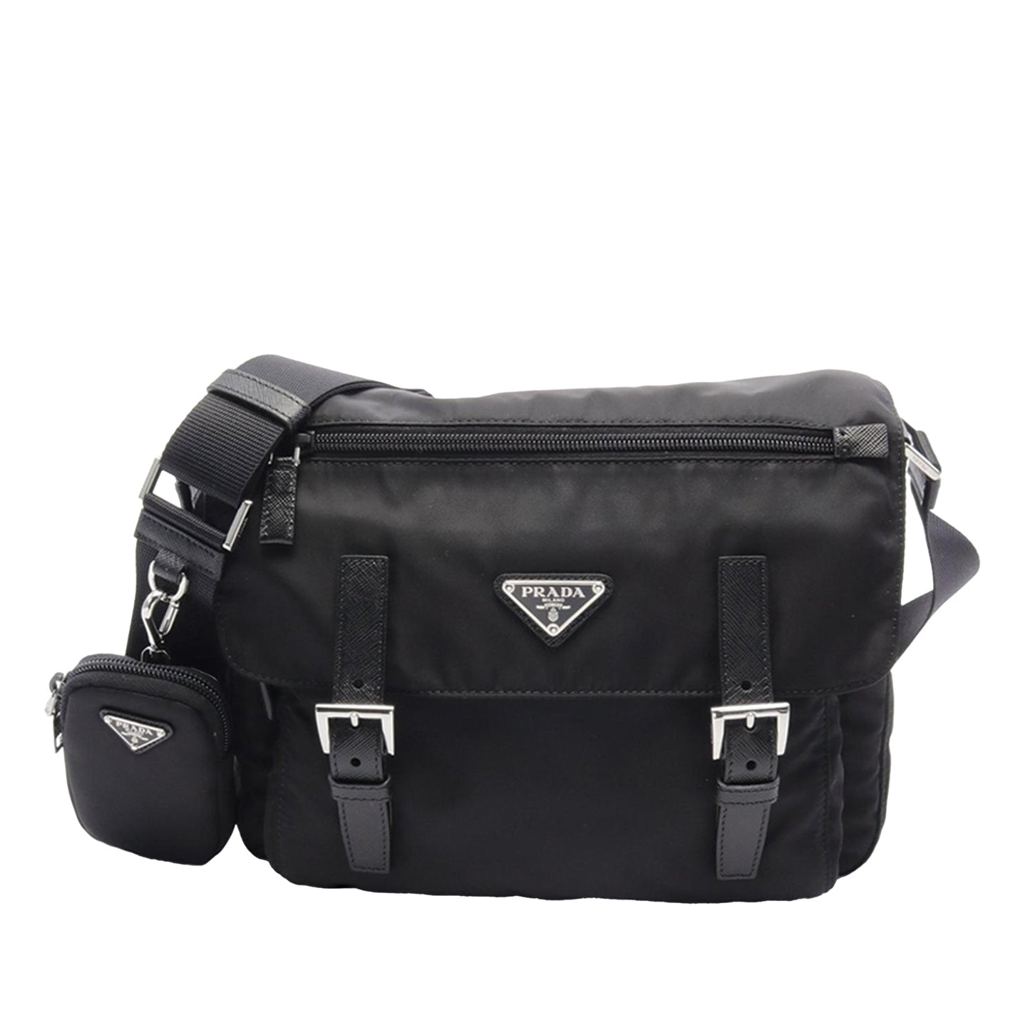 Prada Saffiano Trimmed Tessuto Zip Double Buckle Messenger Bag