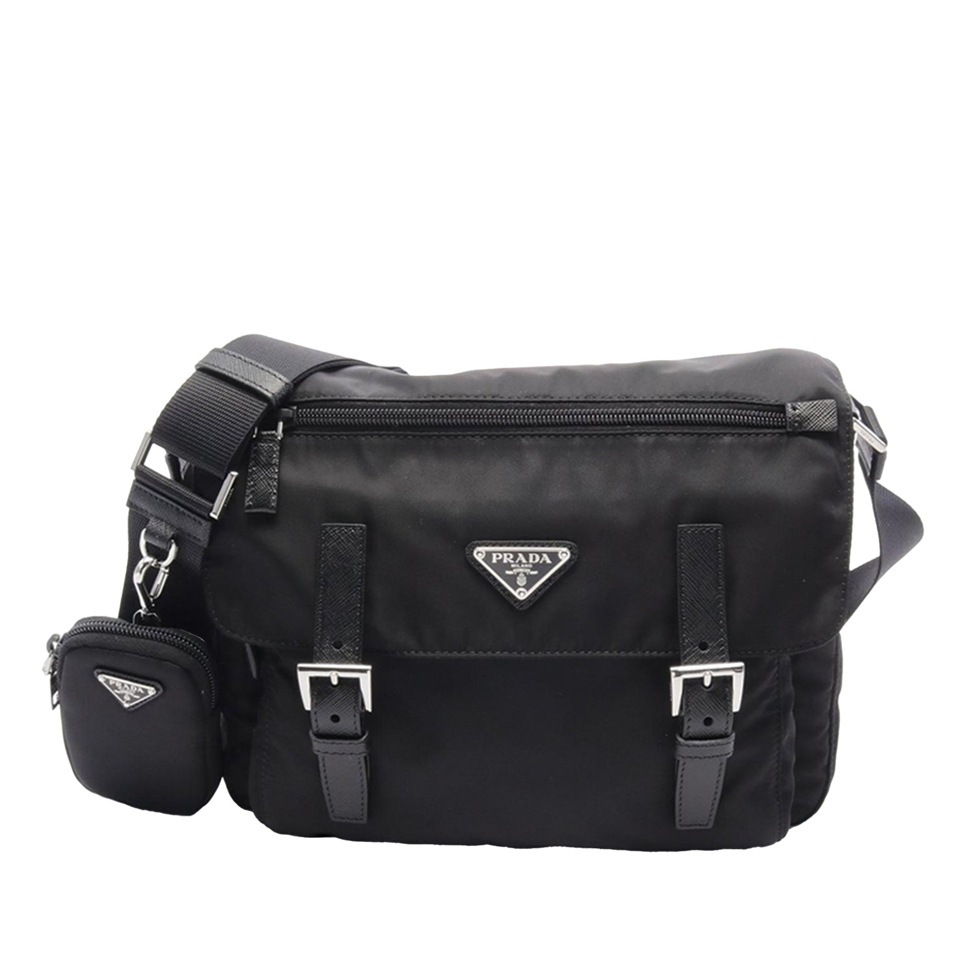 Prada Saffiano Trimmed Tessuto Zip Double Buckle Messenger Bag