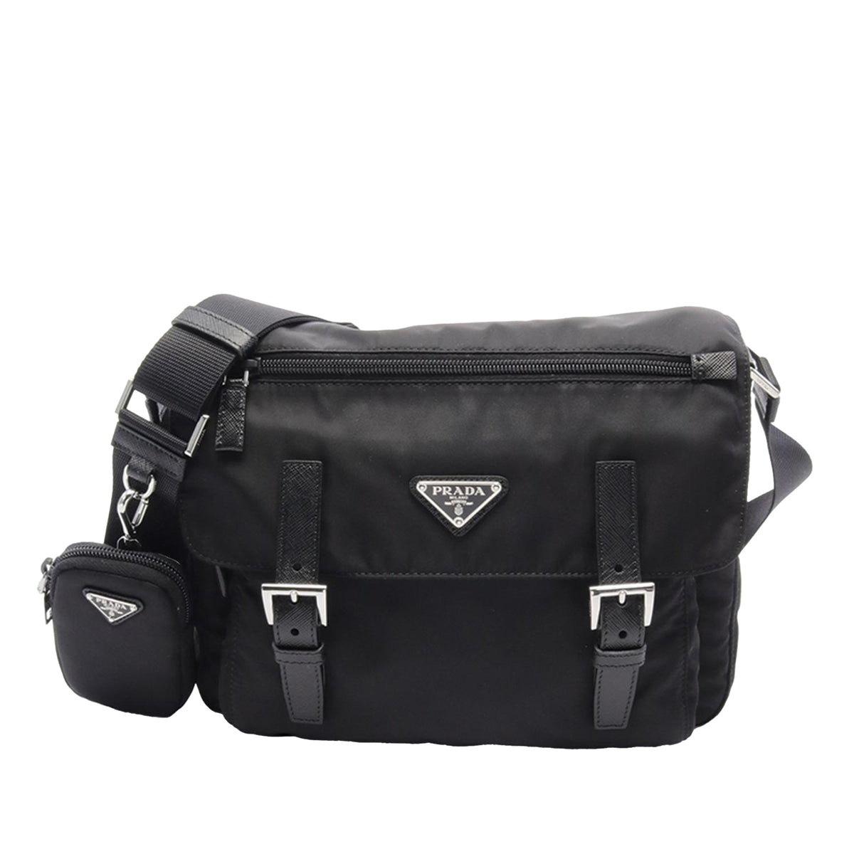 Prada Saffiano Trimmed Tessuto Zip Double Buckle Messenger Bag