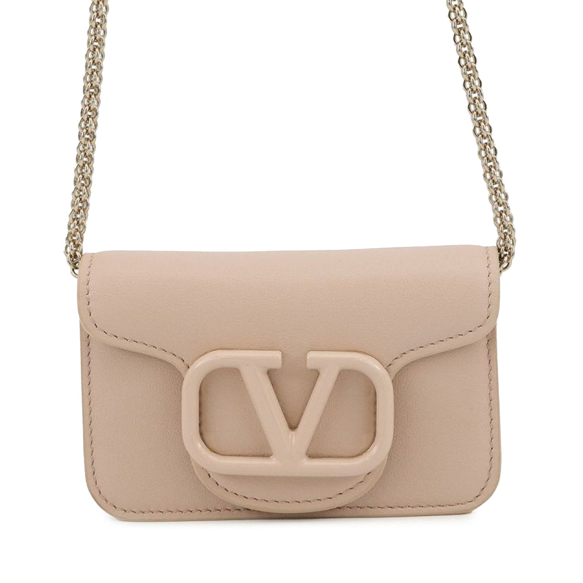 Valentino Leather VLogo Card Case on Chain — Pink