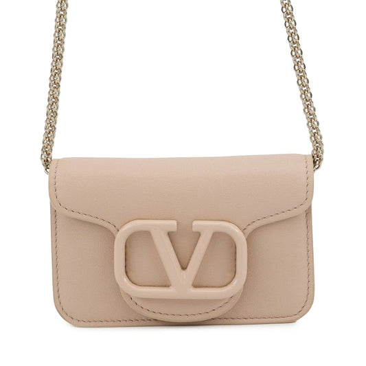 Valentino Leather VLogo Card Case on Chain — Pink