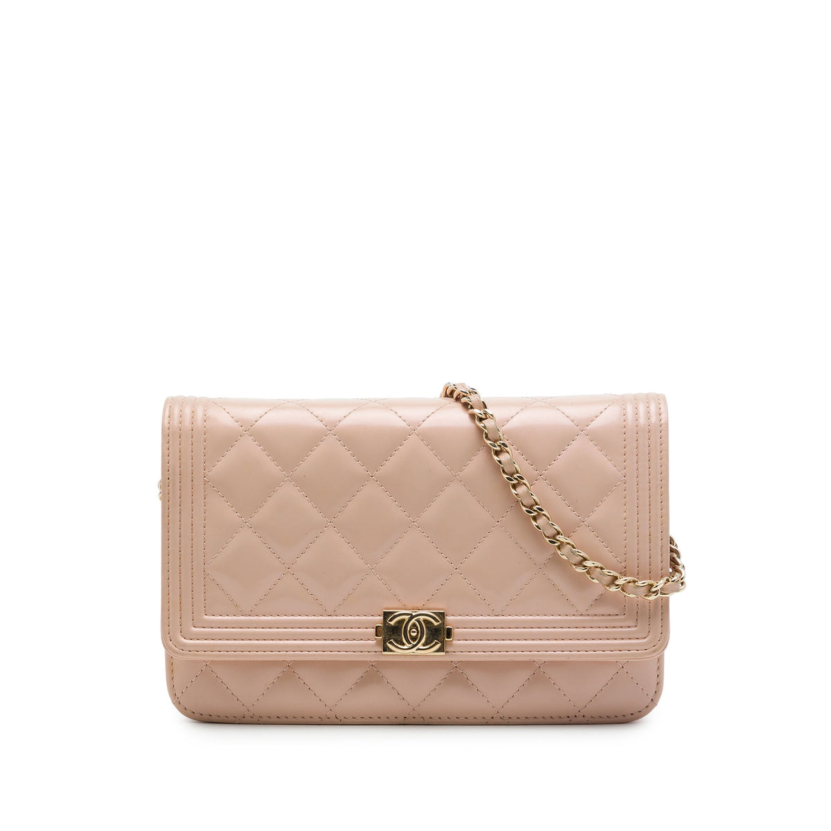 Chanel Quilted Patent Boy Wallet on Chain — Brown
