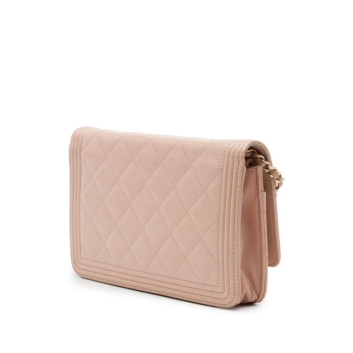 Chanel Quilted Patent Boy Wallet on Chain — Brown