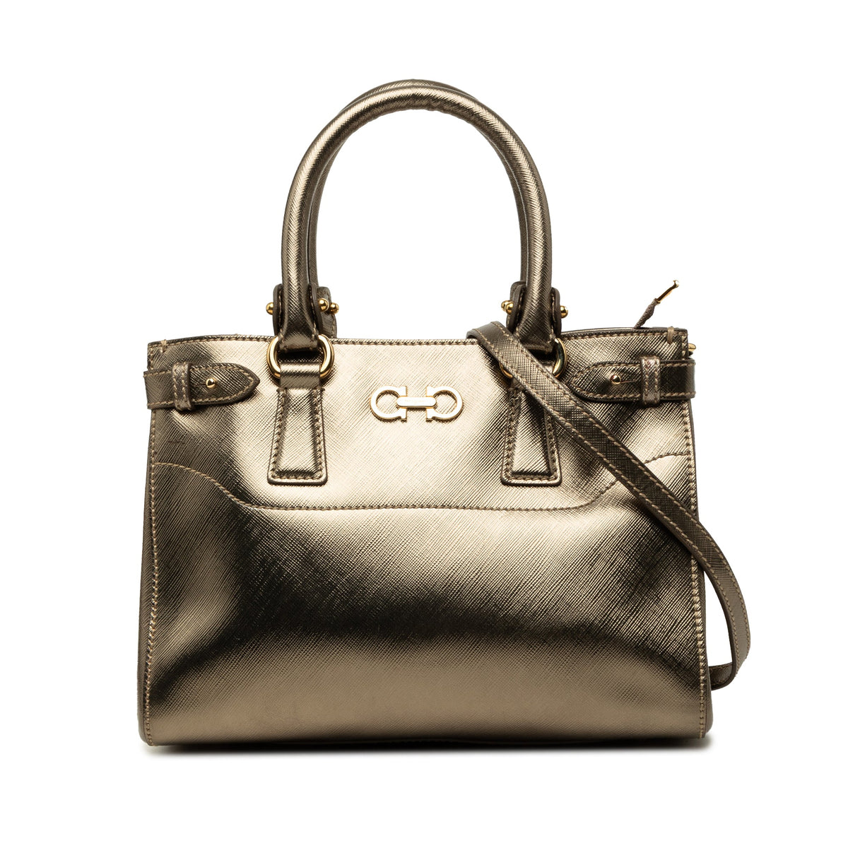 Ferragamo Metallic Leather Gancini Batik Satchel — Gold
