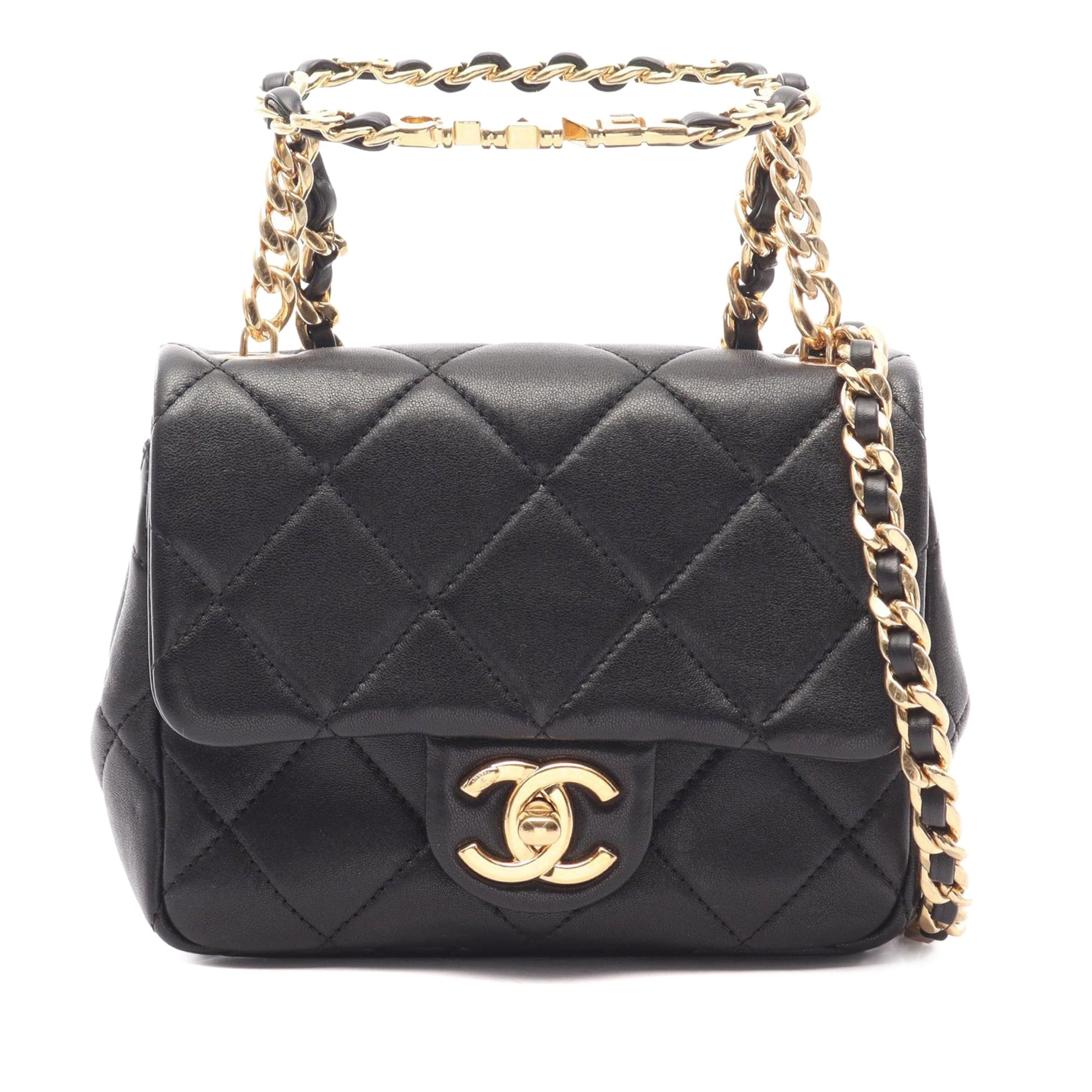 Chanel Mini Quilted Lambskin Oval Logo Chain Top Handle Flap