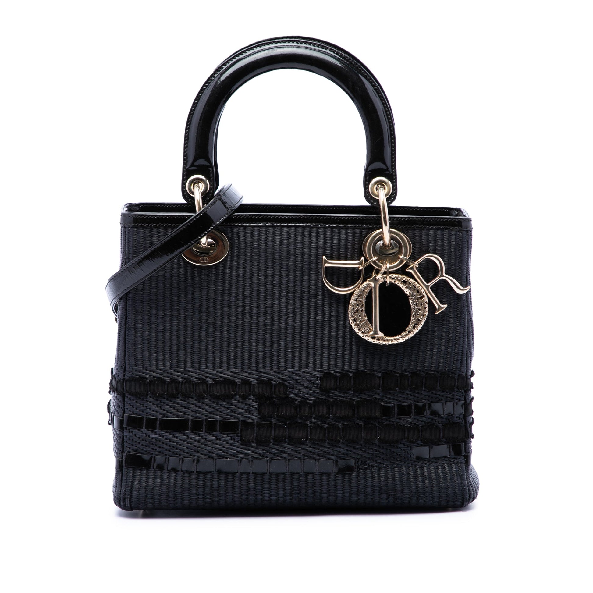 Dior Medium Patent Trimmed Woven Canvas Lady Dior