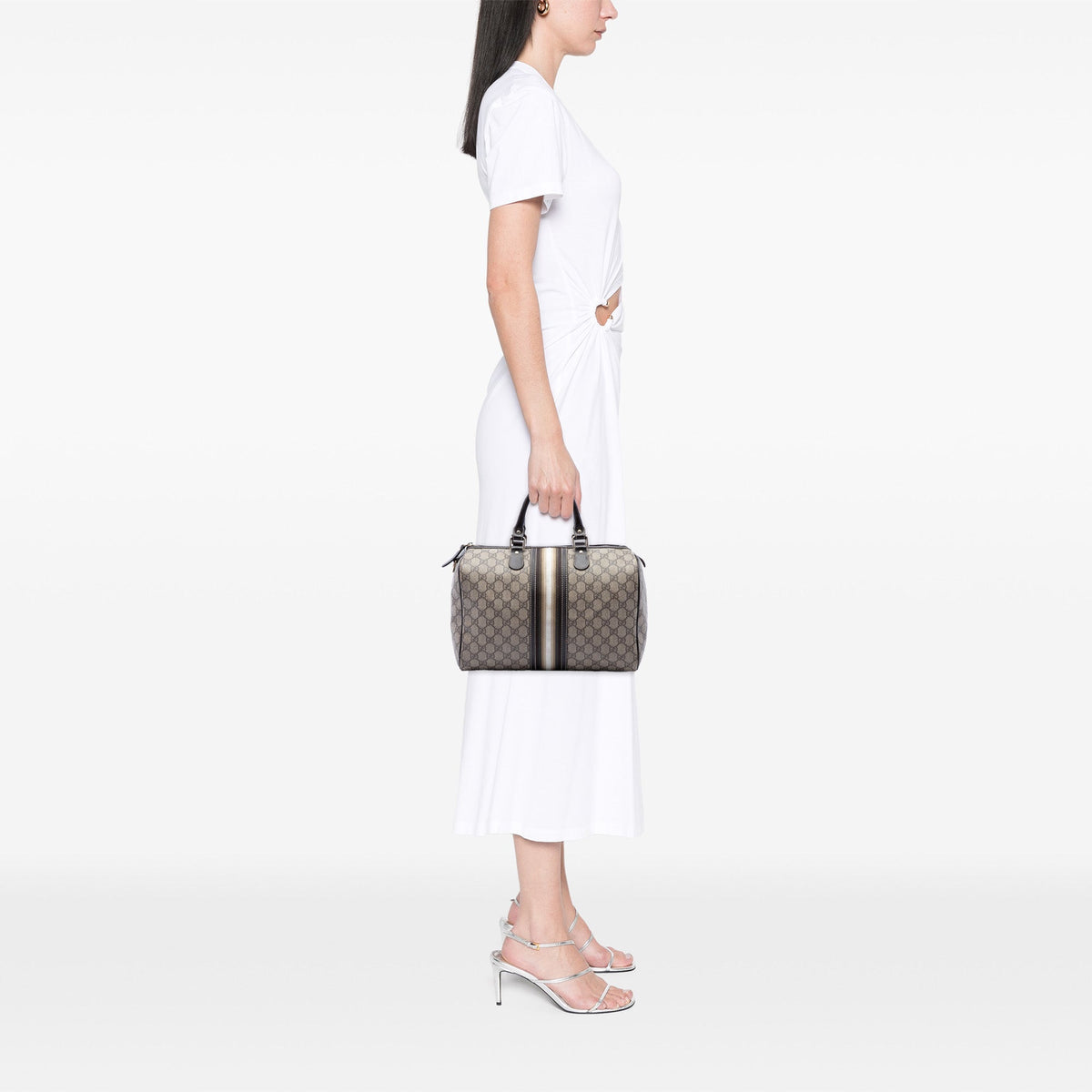 Gucci Medium GG Supreme Joy Web Boston Bag — Beige