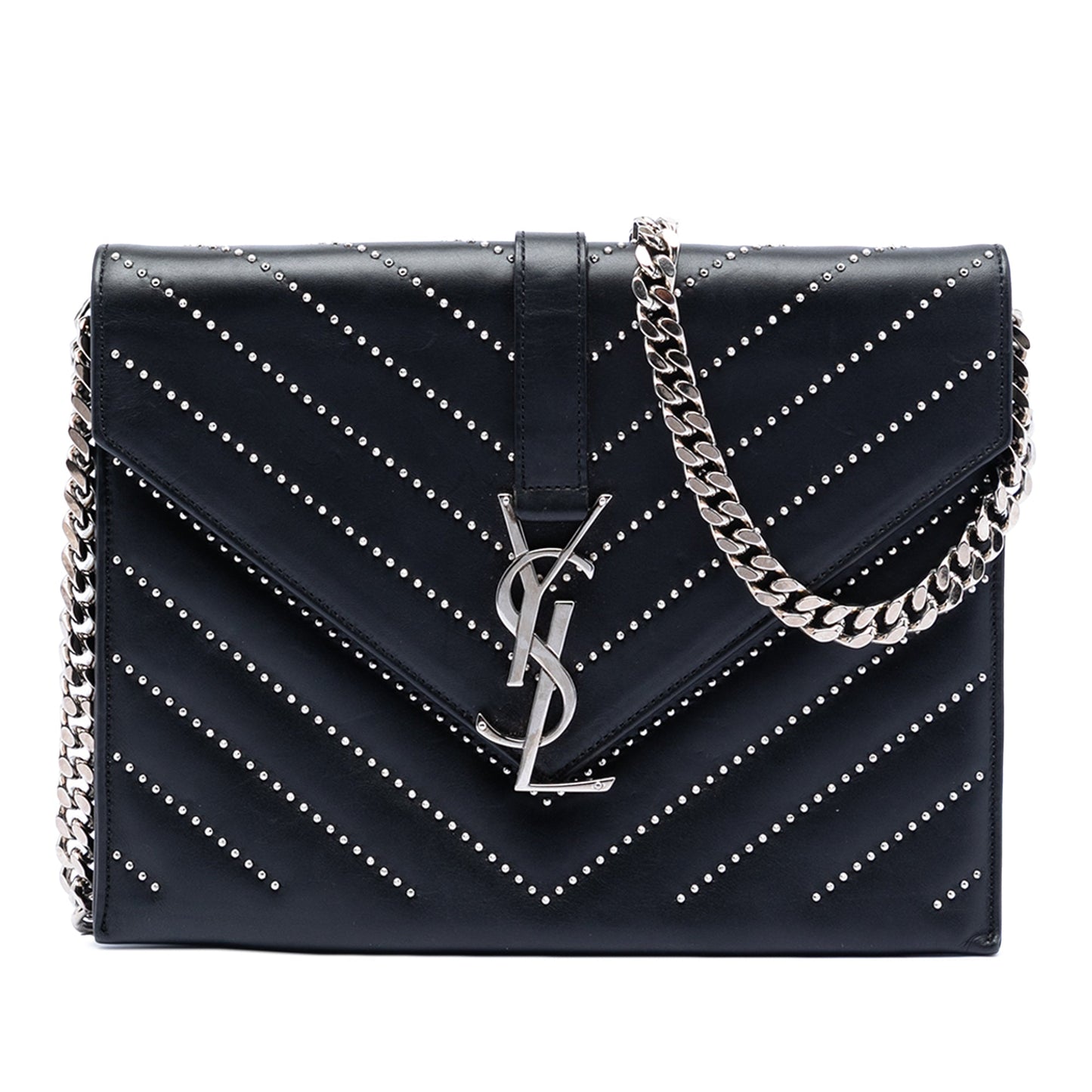 Saint Laurent Studded Chevron Calfskin Monogram Envelope Chain Flap