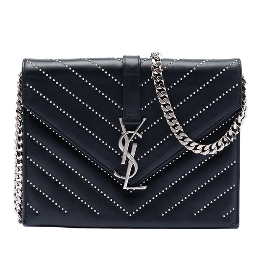 Saint Laurent Studded Chevron Calfskin Monogram Envelope Chain Flap