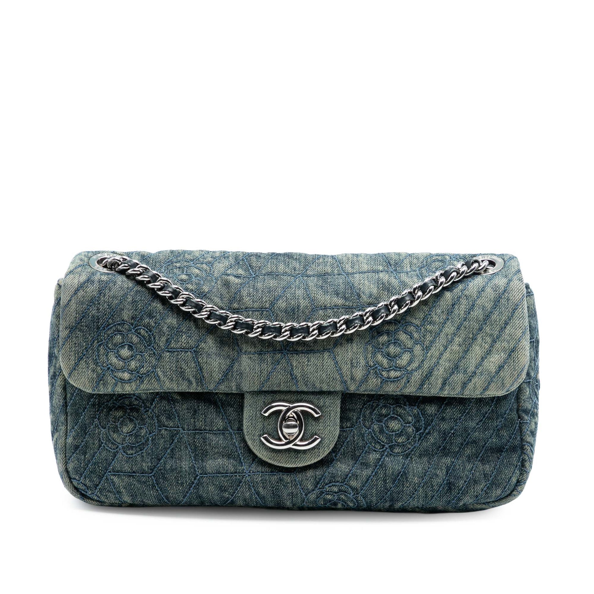 Chanel Medium Embroidered Denim Camellia Flap