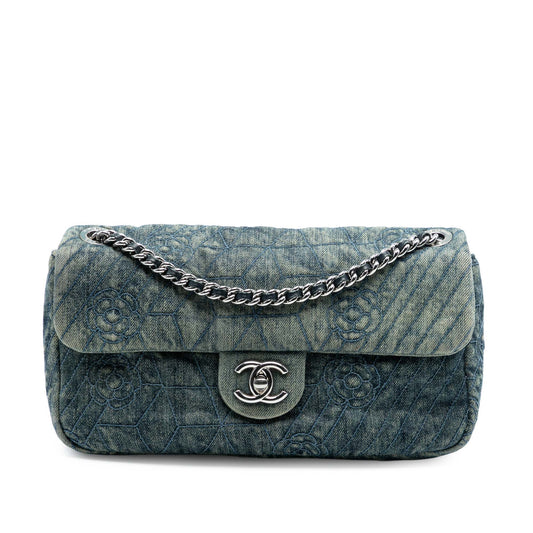 Chanel Medium Embroidered Denim Camellia Flap