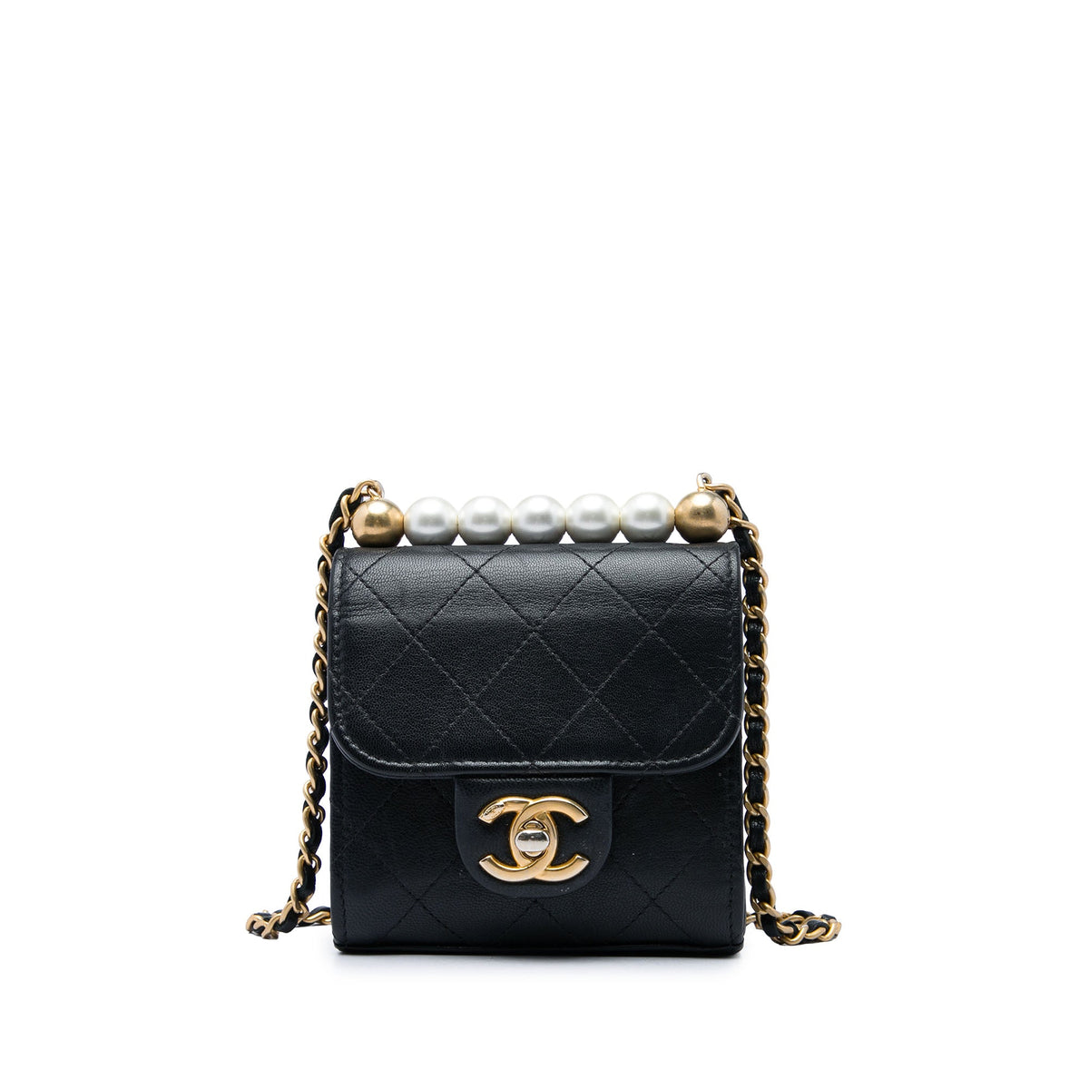 Chanel Mini Goatskin Chic Pearls Clutch On Chain — Black