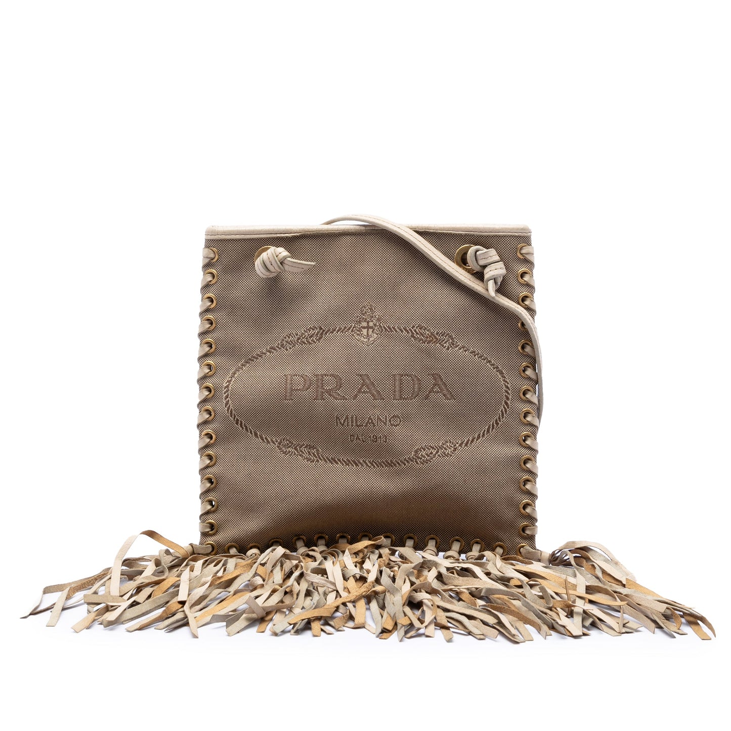 Prada Canvas and Leather Fringed Canapa Logo Crossbody