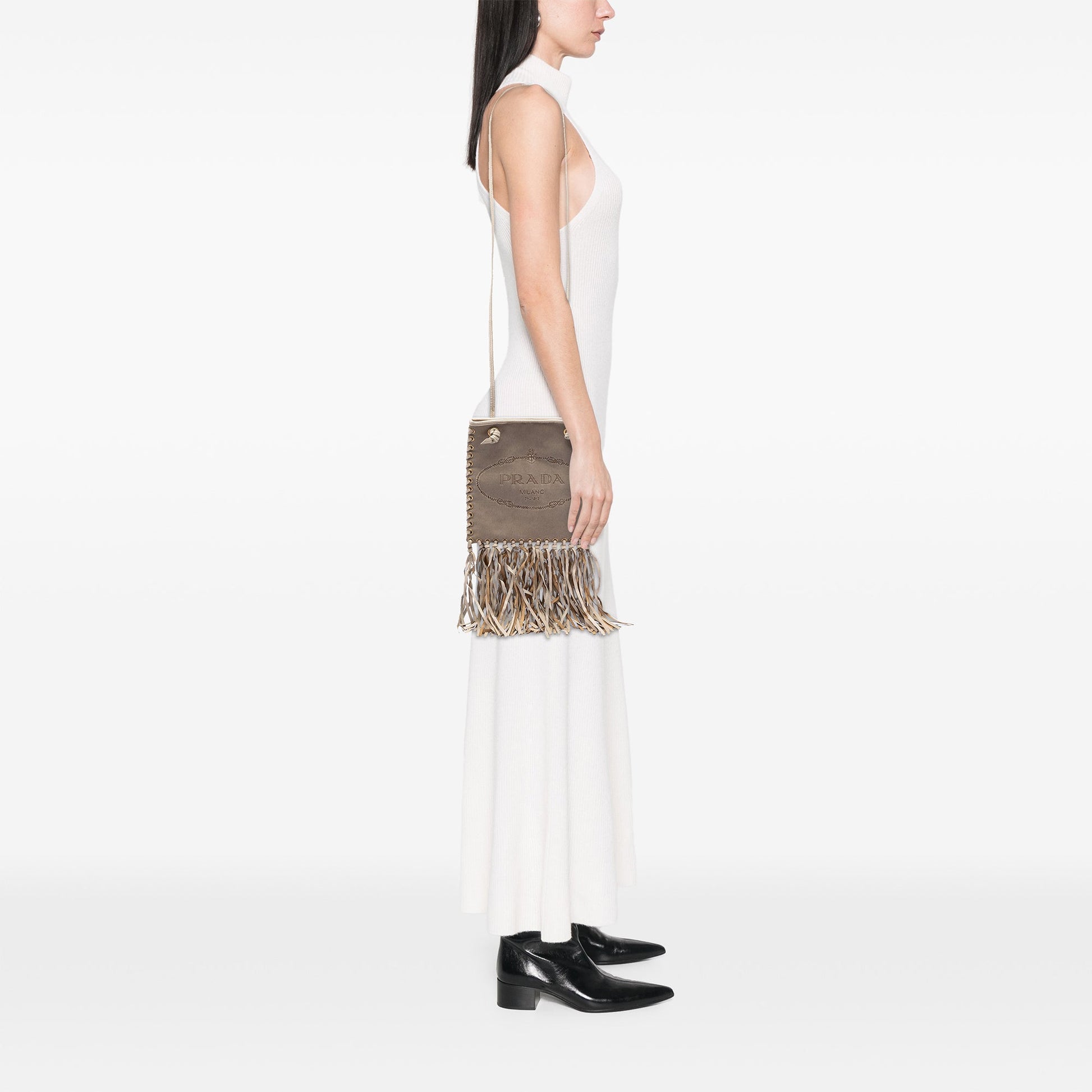 Prada Canvas and Leather Fringed Canapa Logo Crossbody