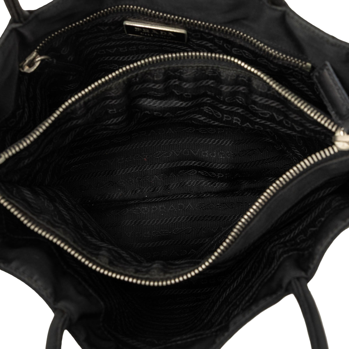 Prada Vitello Trimmed Tessuto Tote — Black