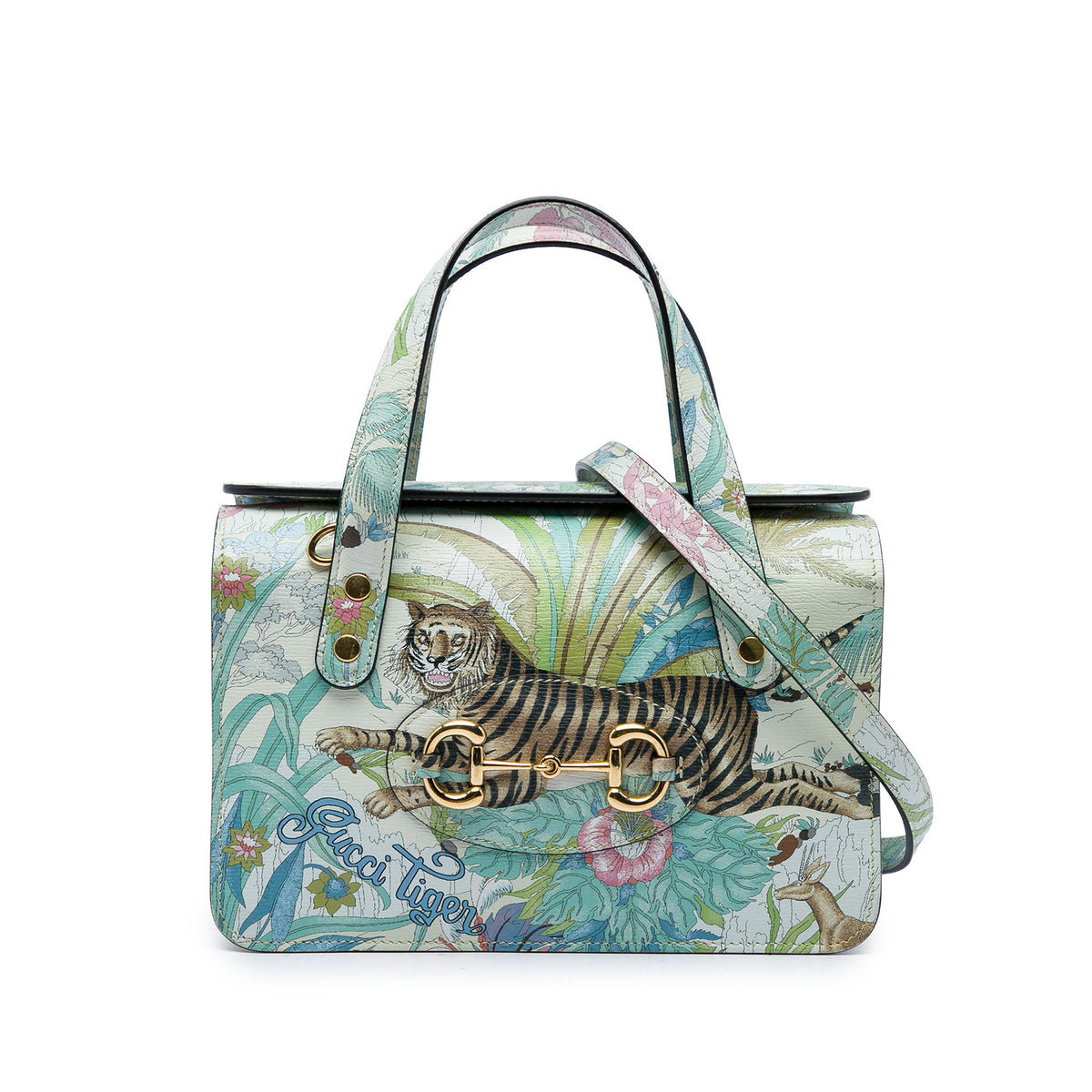 Gucci New Shangai Mini Calfskin Tiger Horsebit 1955 Foldover Top Handle Bag — White