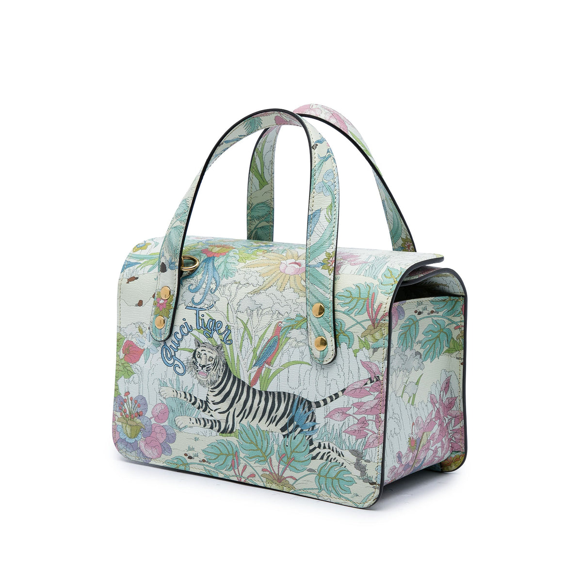 Gucci New Shangai Mini Calfskin Tiger Horsebit 1955 Foldover Top Handle Bag — White