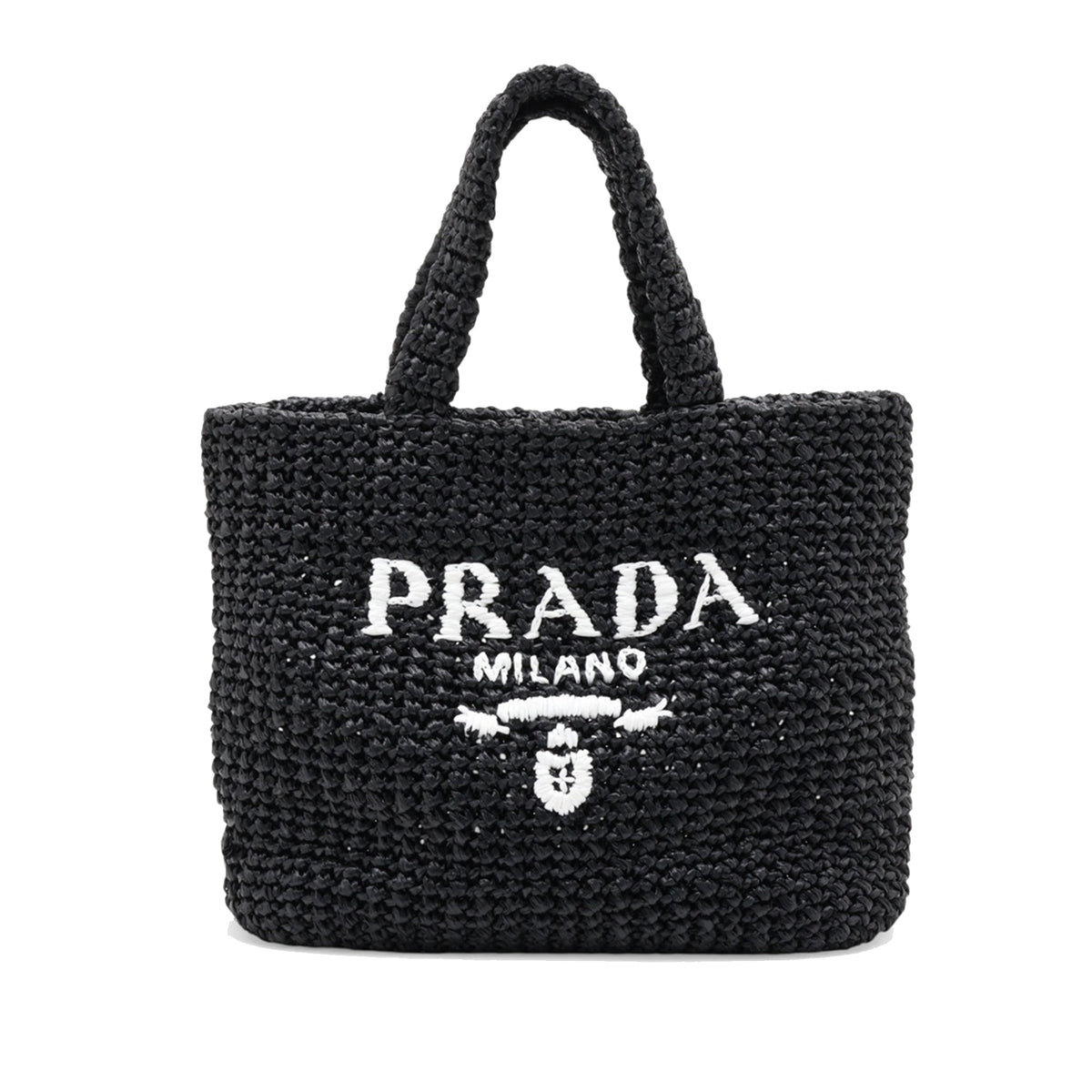Prada Small Raffia Effect Crochet Embroidered Logo Tote