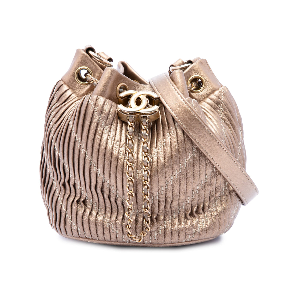 Chanel Small Metallic Lambskin Coco Pleats Drawstring Bucket Bag