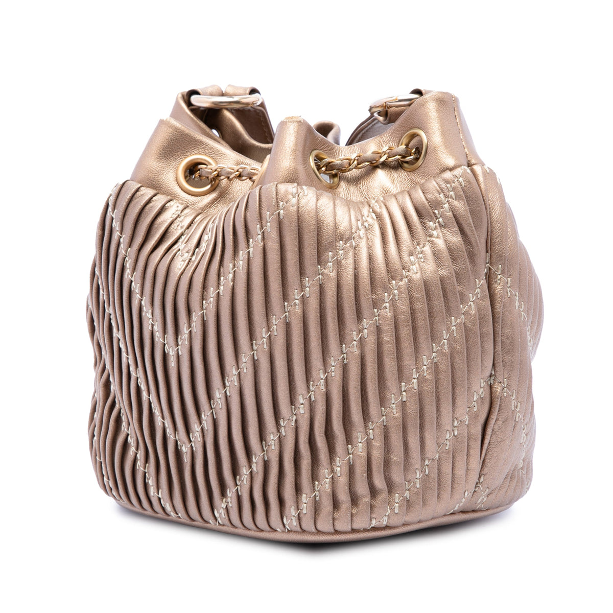 Chanel Small Metallic Lambskin Coco Pleats Drawstring Bucket Bag