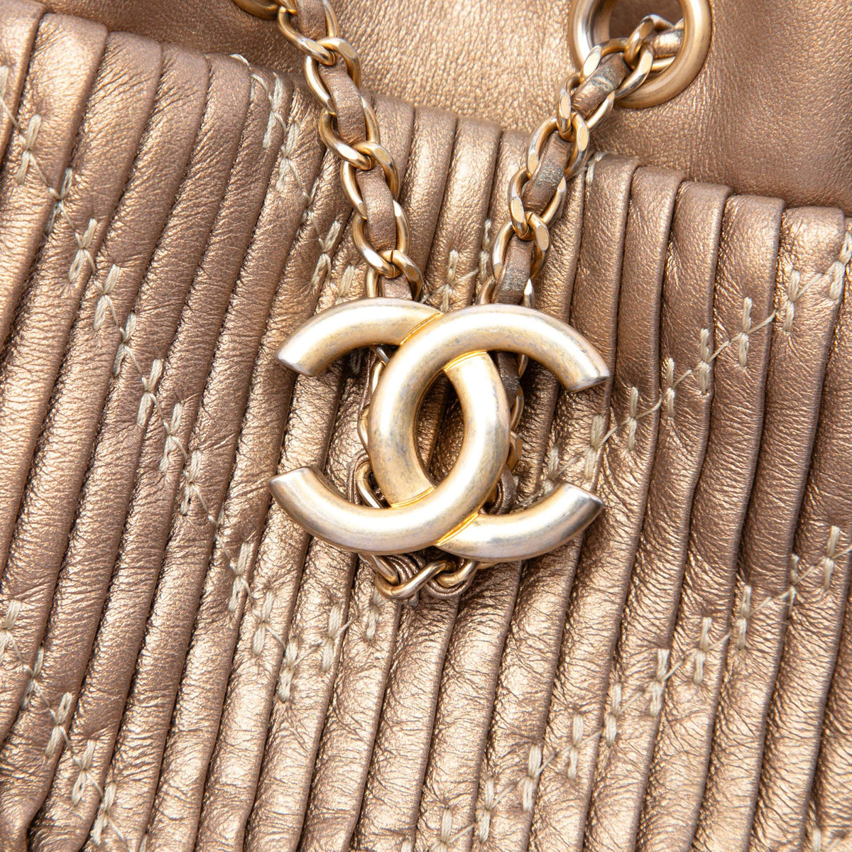 Chanel Small Metallic Lambskin Coco Pleats Drawstring Bucket Bag