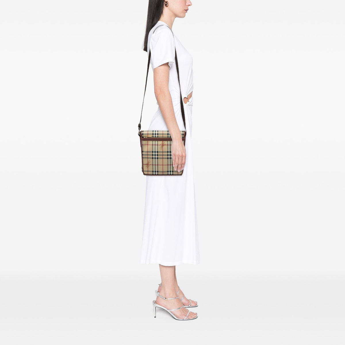 Burberry Haymarket Check Coated Canvas Crossbody — Beige