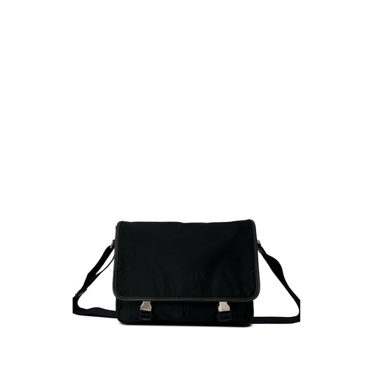 Prada Saffiano Trimmed Tessuto Double Buckle Messenger Bag — Black
