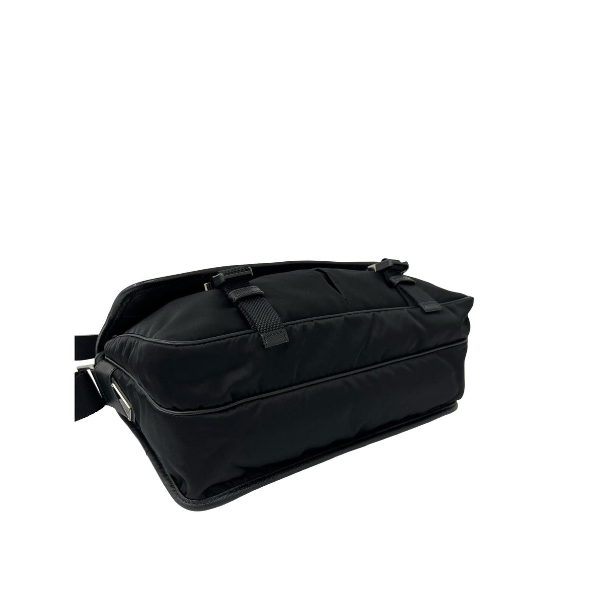 Prada Saffiano Trimmed Tessuto Double Buckle Messenger Bag — Black