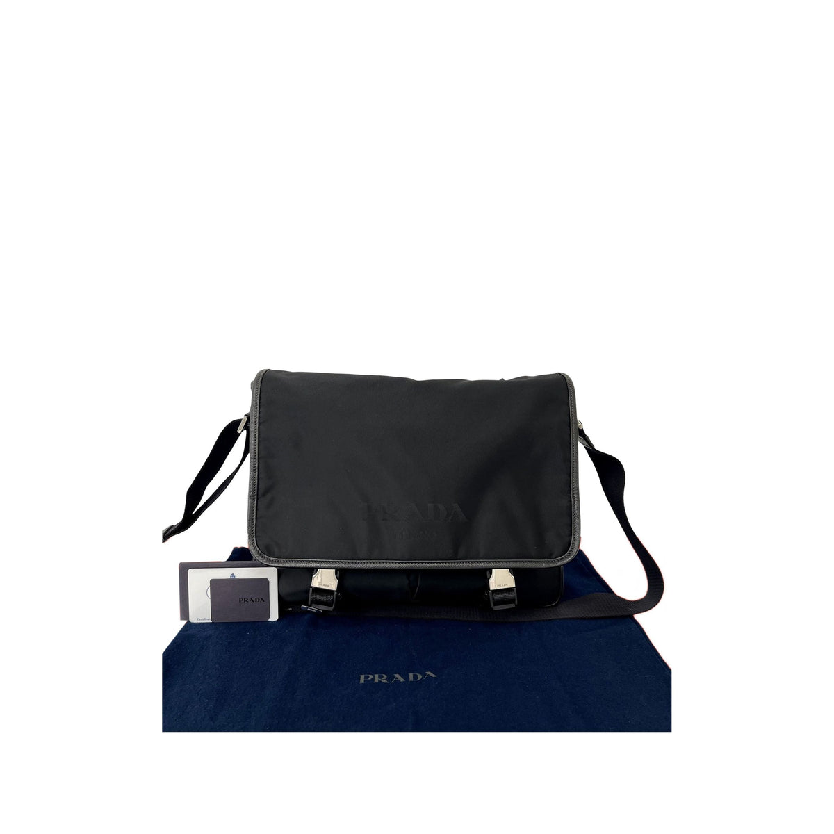Prada Saffiano Trimmed Tessuto Double Buckle Messenger Bag — Black