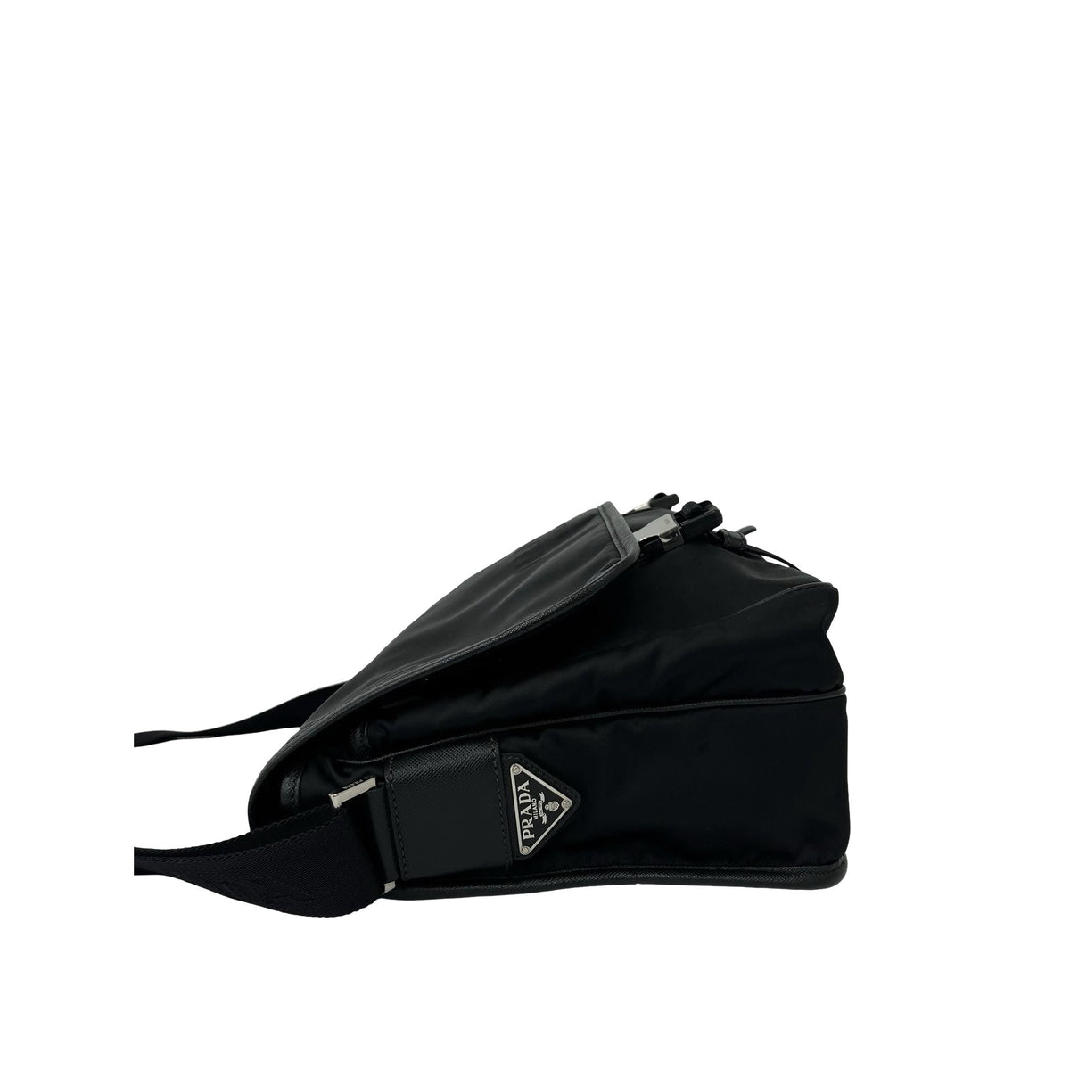 Prada Saffiano Trimmed Tessuto Double Buckle Messenger Bag — Black