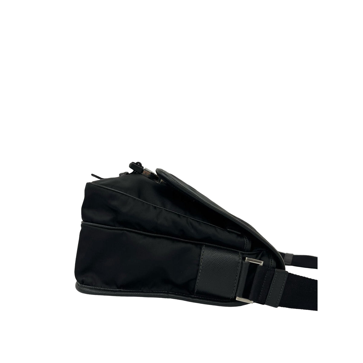 Prada Saffiano Trimmed Tessuto Double Buckle Messenger Bag — Black