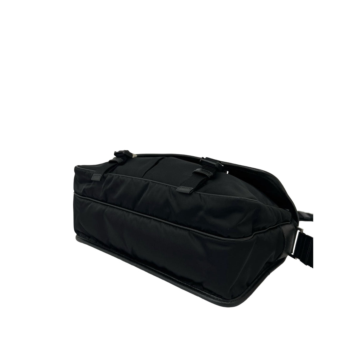 Prada Saffiano Trimmed Tessuto Double Buckle Messenger Bag — Black