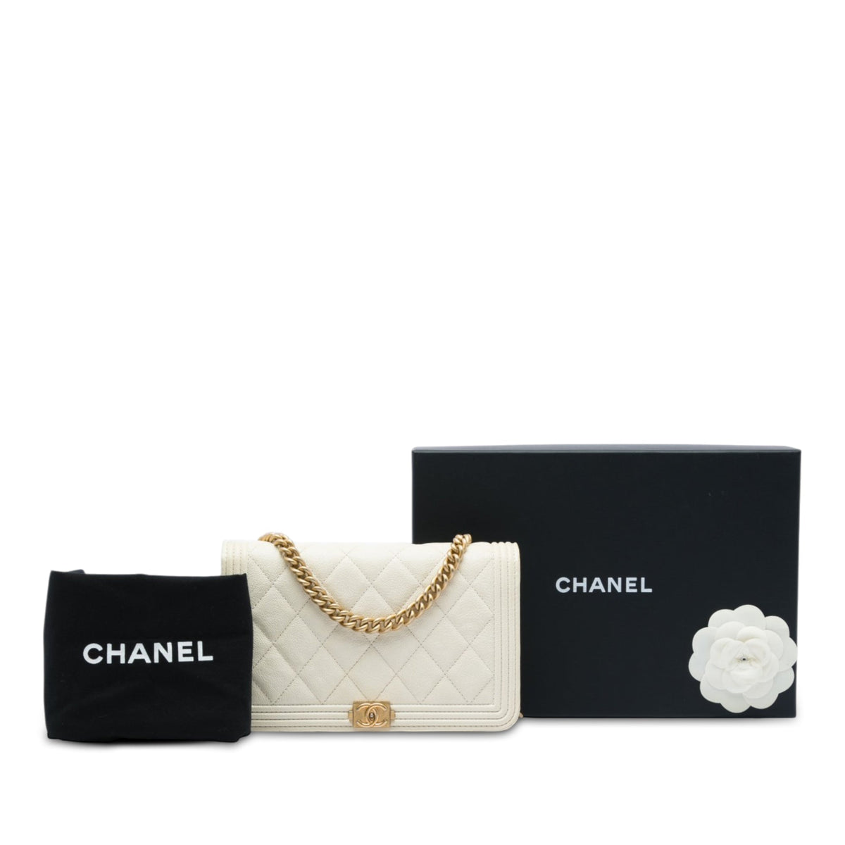Chanel Quilted Caviar Boy Wallet on Chain — White