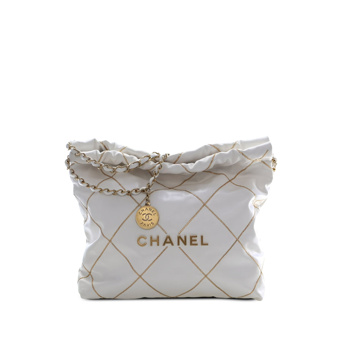 Chanel Small Quilted Shiny Calfskin Chain 22 Handbag — White