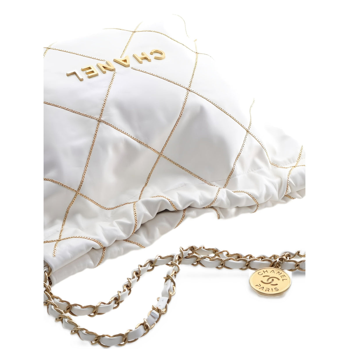 Chanel Small Quilted Shiny Calfskin Chain 22 Handbag — White