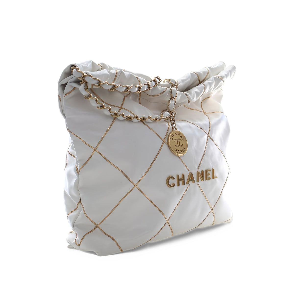 Chanel Small Quilted Shiny Calfskin Chain 22 Handbag — White