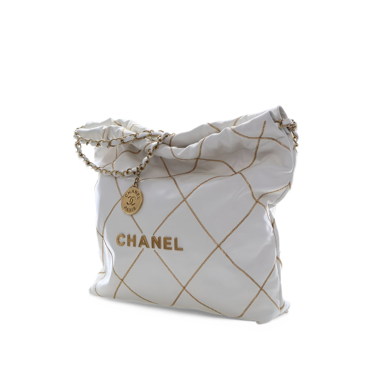 Chanel Small Quilted Shiny Calfskin Chain 22 Handbag — White