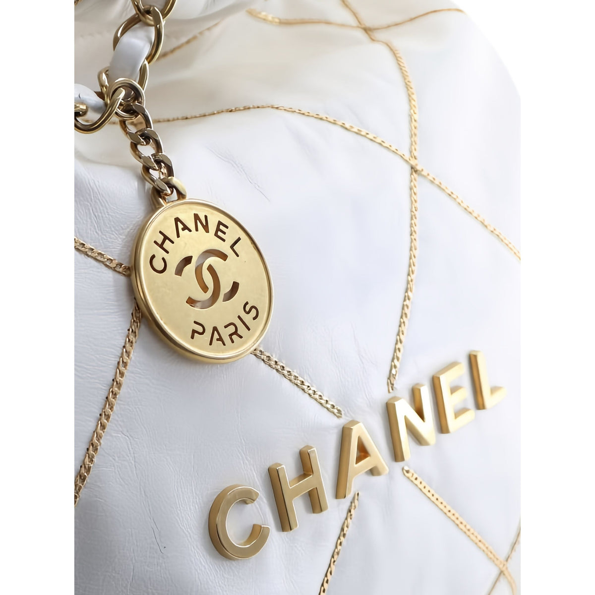 Chanel Small Quilted Shiny Calfskin Chain 22 Handbag — White