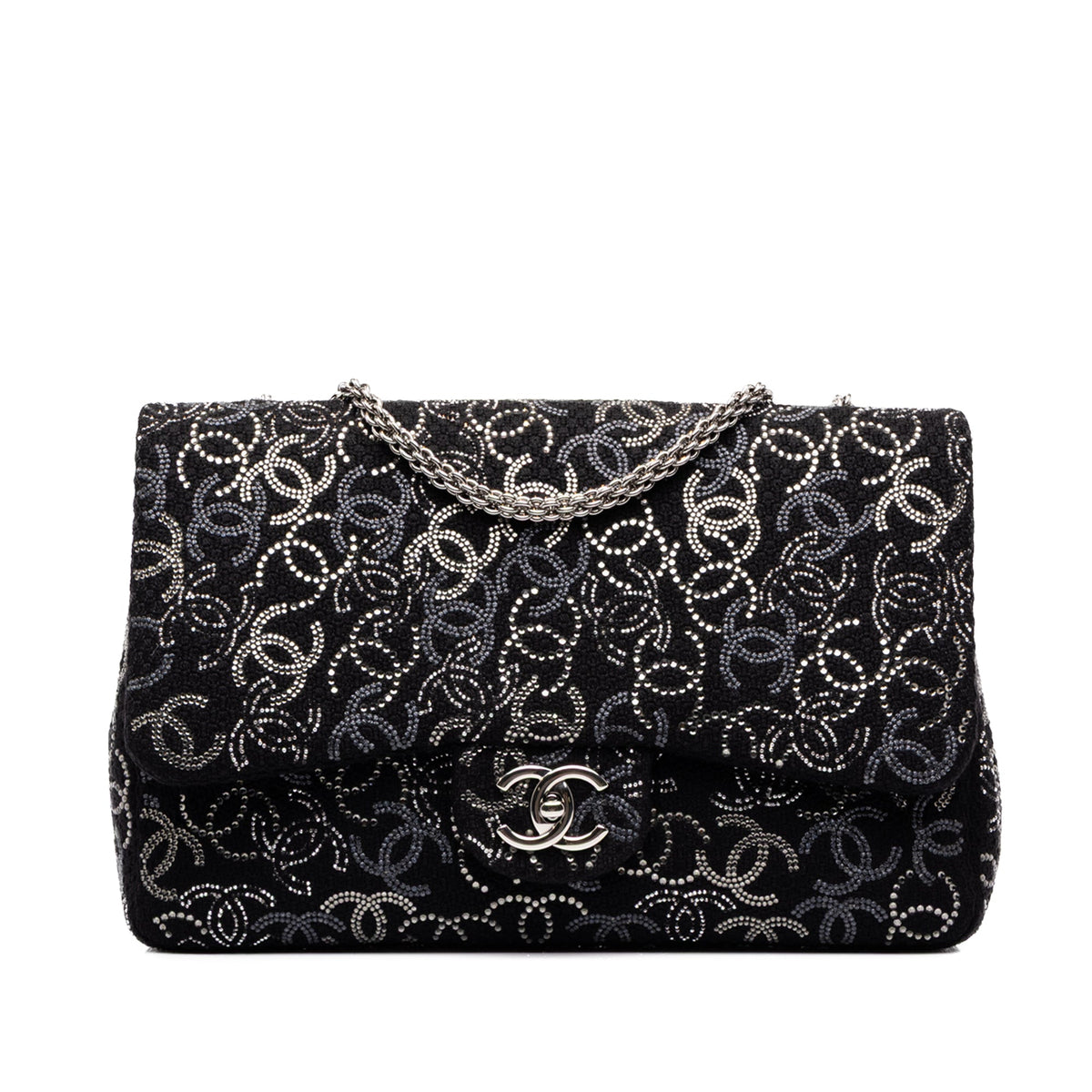 Chanel Paris Shanghai Jumbo Tweed Strass Embellished Pudong Double Flap — Black