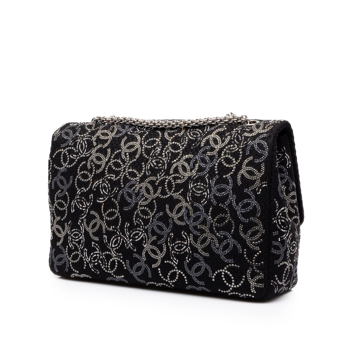 Chanel Paris Shanghai Jumbo Tweed Strass Embellished Pudong Double Flap — Black