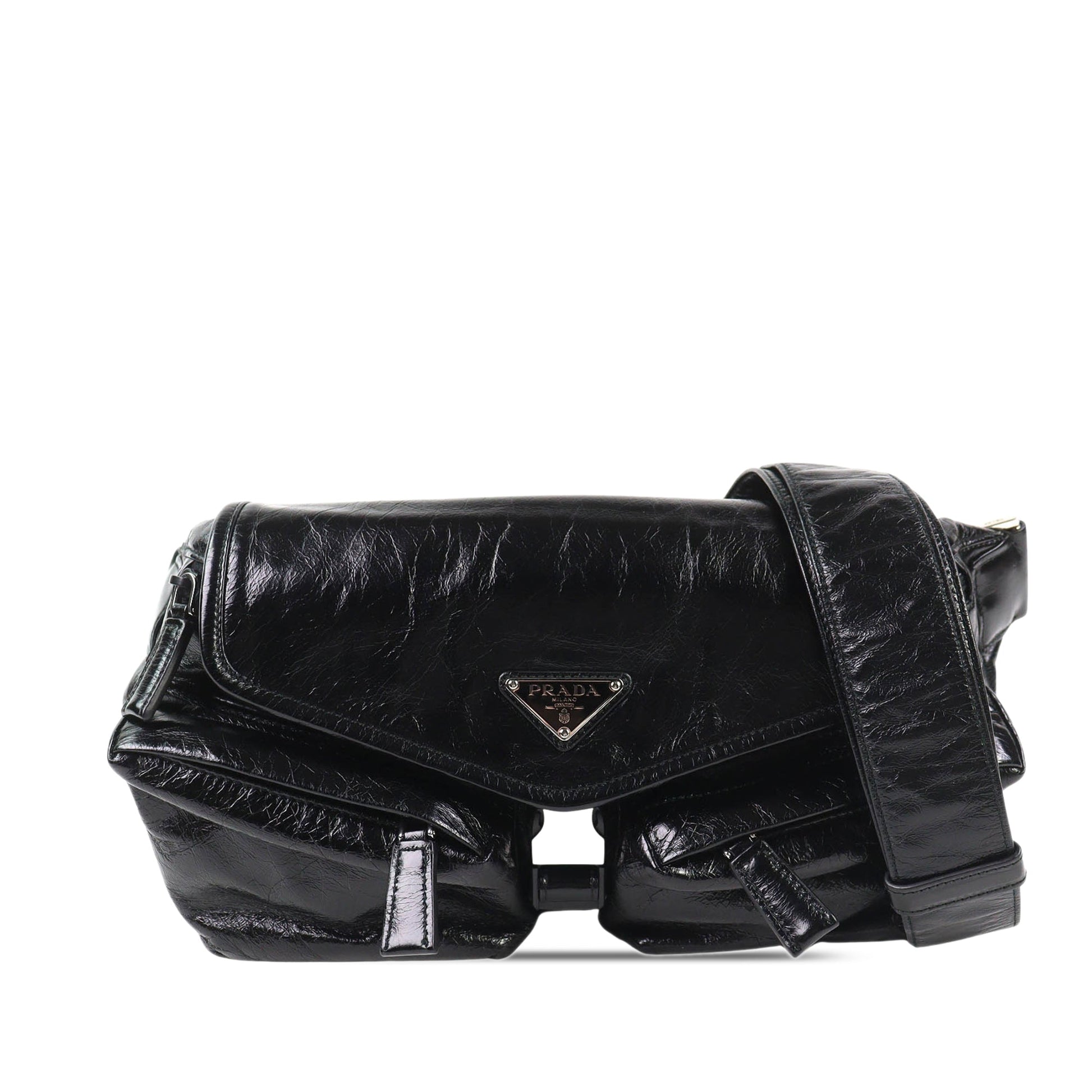 Prada Crinkled Calfskin Buckle Messenger Bag