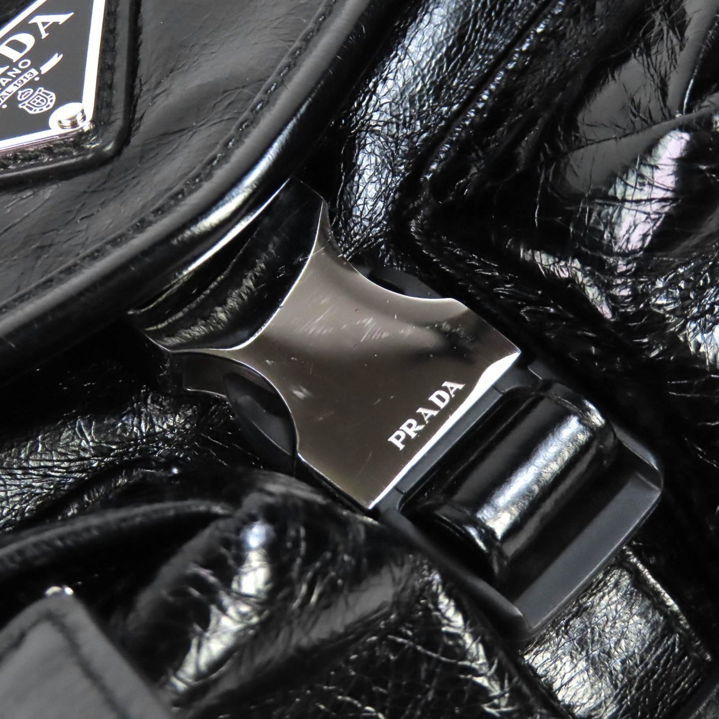 Prada Crinkled Calfskin Buckle Messenger Bag