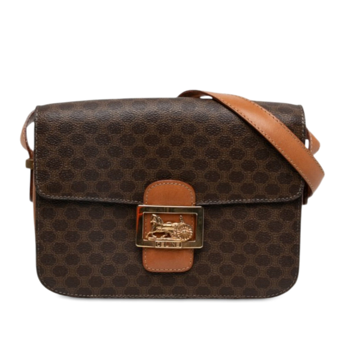 Celine Macadam Coated Canvas Horse Carriage Crossbody — Brown