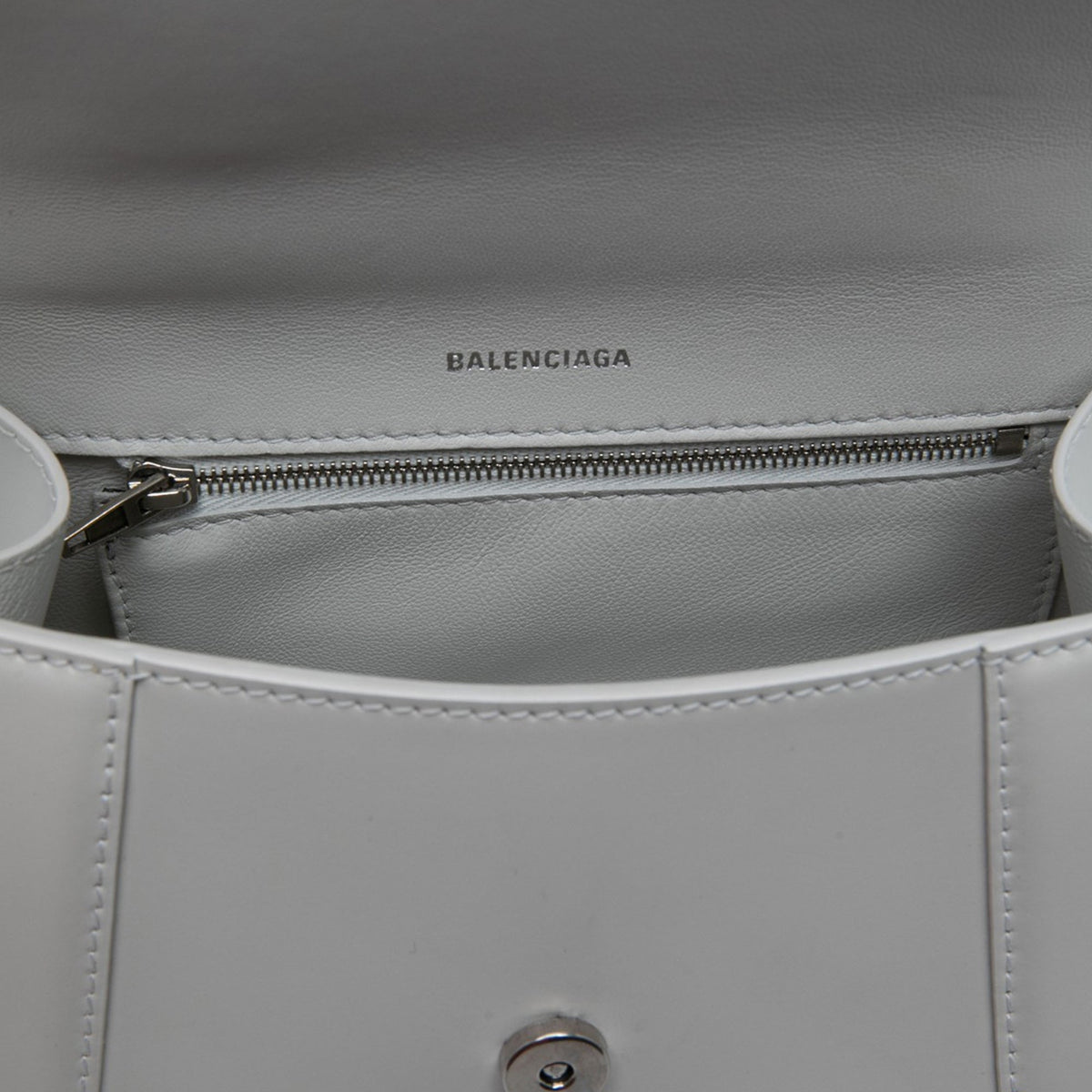 Balenciaga Small Shiny Box Calfskin Hourglass Top Handle Bag — White