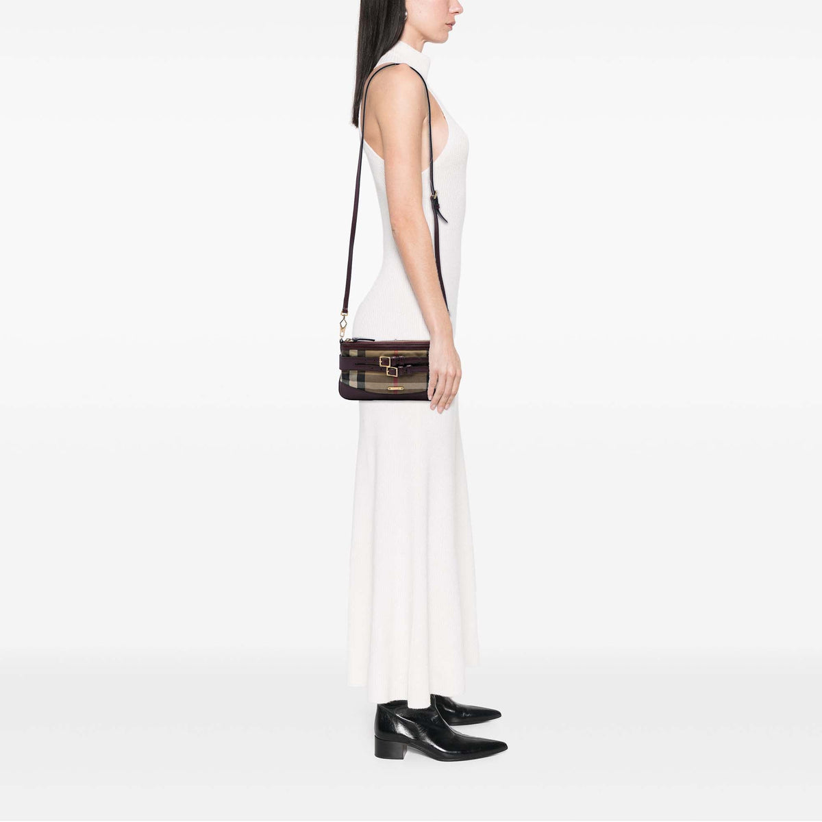 Burberry House Check Canvas Bridle Peyton Crossbody — Beige