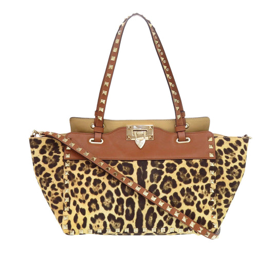 Valentino Small Leopard Printed Canvas Rockstud Trapeze Satchel — Brown
