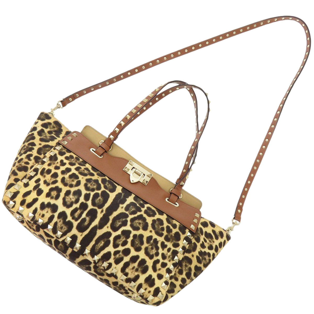 Valentino Small Leopard Printed Canvas Rockstud Trapeze Satchel — Brown
